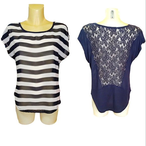 Rewind Tops - ❗Bundle for $1❗REWIND Navy and White Striped Sheer Top with Lace Back